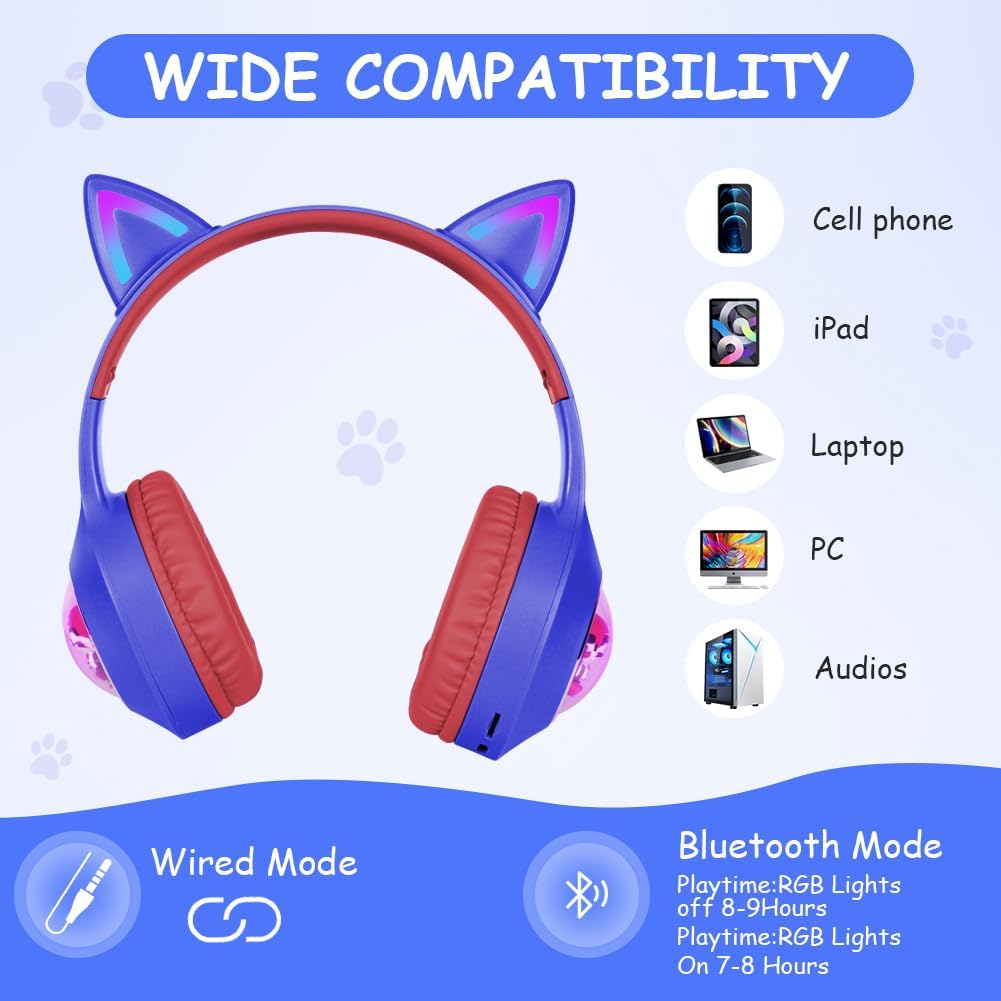 AXFEE Bluetooth-Kopfhörer Mit Katzenohren für Kinder, Bluetooth 5.3 Over-Ear Kopfhörer mit LED-Leuch