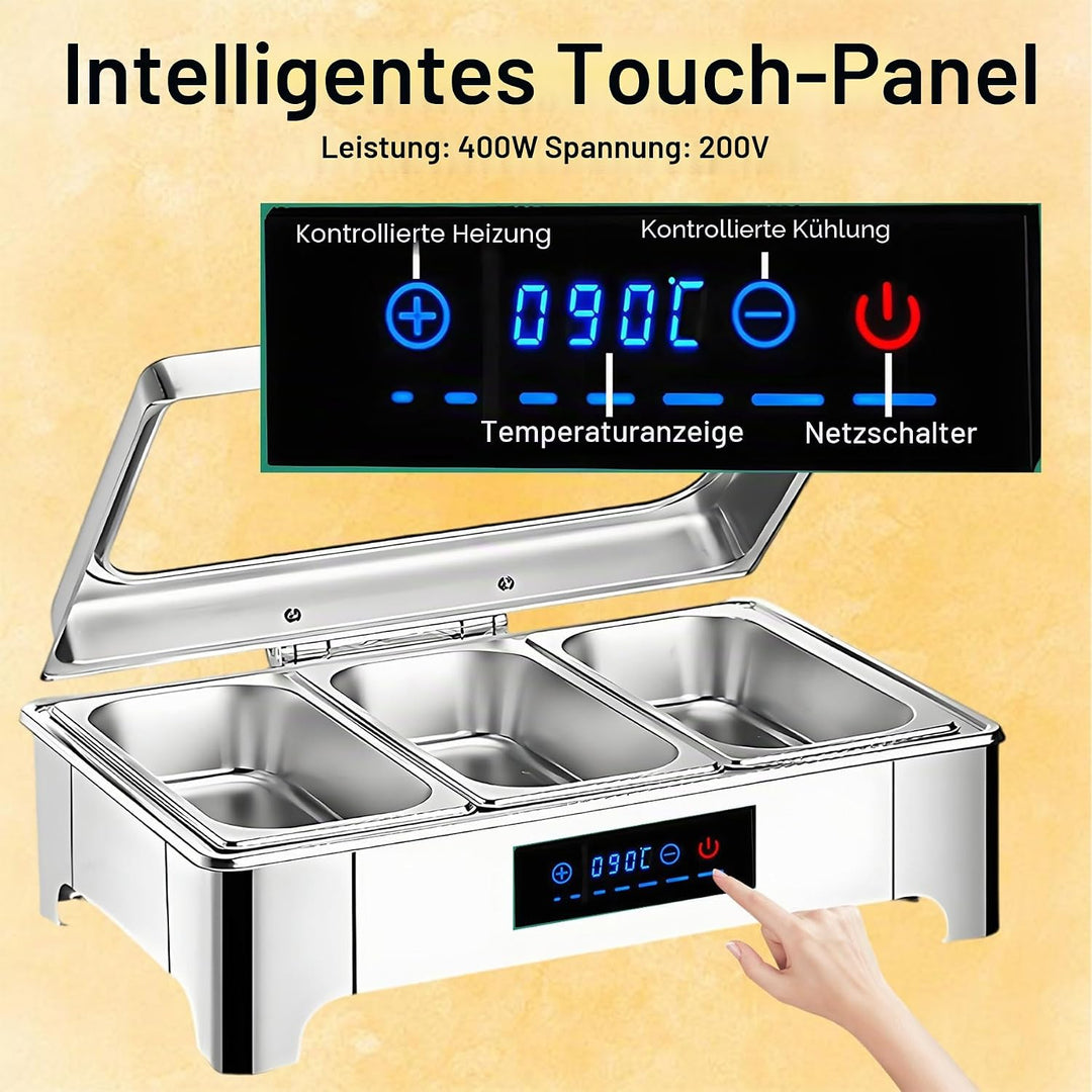 Chafing Dish Elektrisch, 9L Edelstahl Speisewärmer Buffetwärmer mit Touch-Temperaturregelung, Warmha