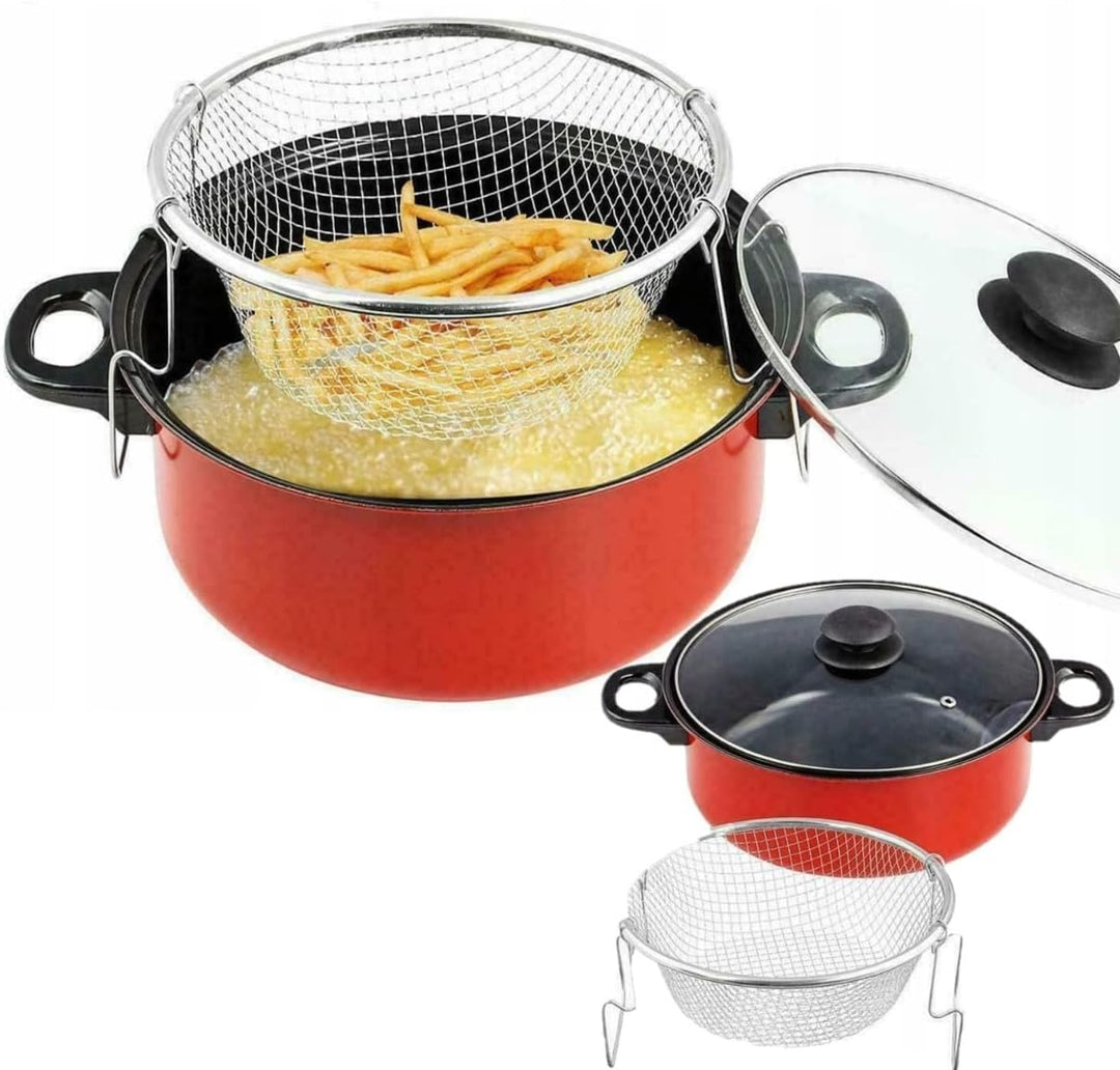 FRYER TOPF FISCH POMMES FRITES HUHN KRAPFEN SIEB FRITEUSE + KORB, Frittiertopf aus mit Glasdeckel In