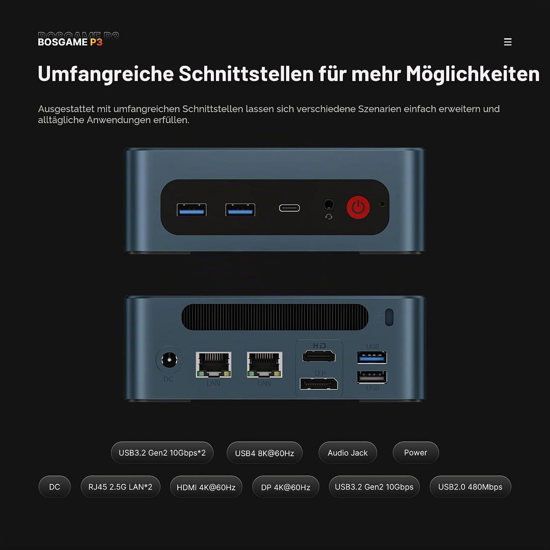 BOSGAME P3 Lite Büro-Gaming-Mini PC, Ryzen 7 6800H (bis 4,7 GHz), 32GB DDR5 RAM, 1TB PCIe 4.0 SSD Sm