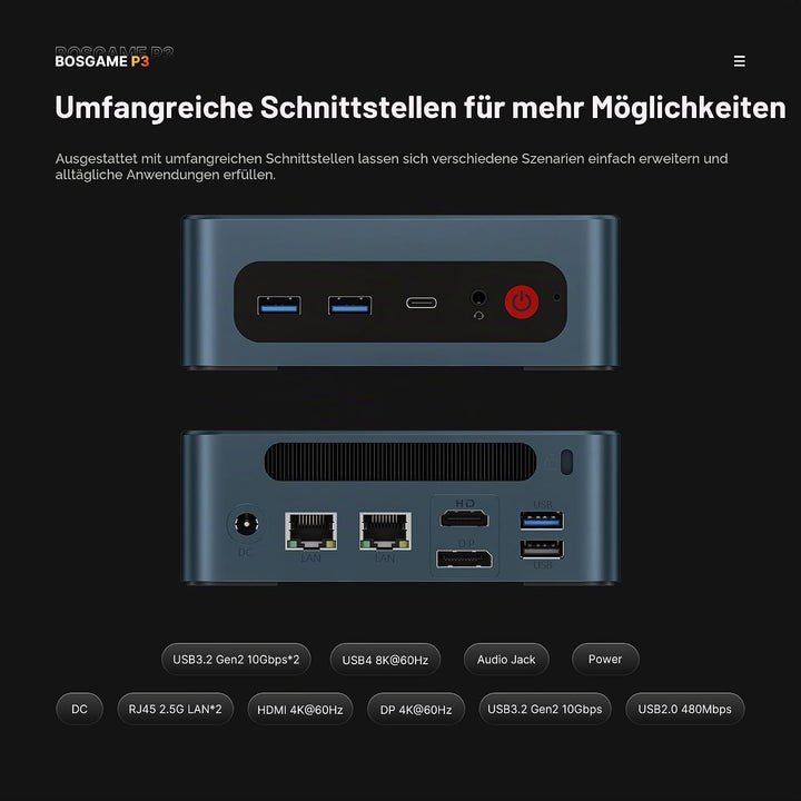 BOSGAME P3 Lite Büro-Gaming-Mini PC, Ryzen 7 6800H (bis 4,7 GHz), 32GB DDR5 RAM, 1TB PCIe 4.0 SSD Sm