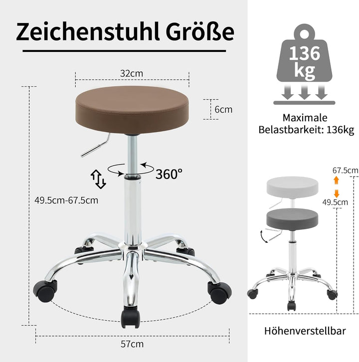 FIRAVOE Höhenverstellbarer Rollhocker aus Kunstleder, ergonomischer rückenloser Büro-Zeichenstuhl 49