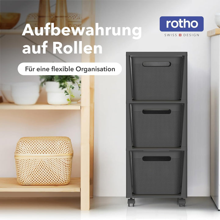Rotho Brisen Rollcontainer mit 3 Schubladen, Kunststoff (PP recycelt), anthrazit, 3x16l (36,6 x 30,0