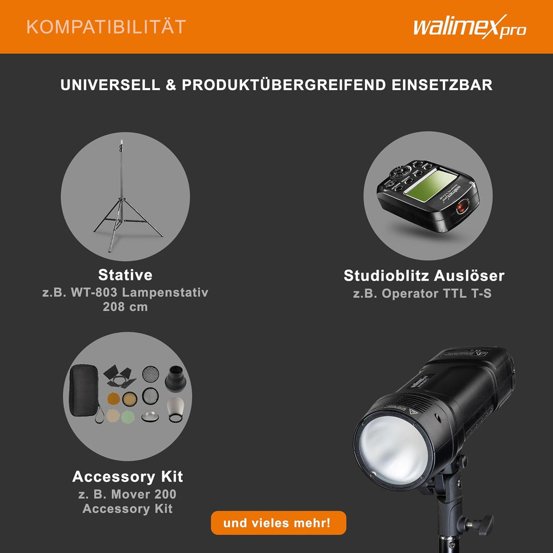 Walimex Pro Studio-Akkublitz Mover 200 TTL - Kompakter Studioblitz mit 2.4GHz Empfänger, HSS Und TTL