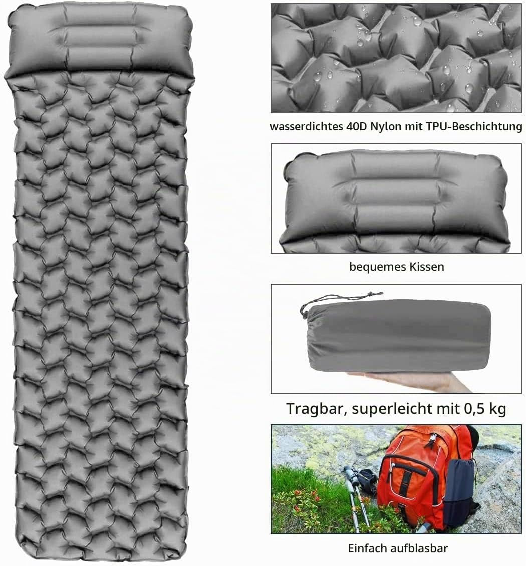 Isomatte Camping, Ultraleichte Aufblasbare Isomatte mit Kissen, wasserdichte und Feuchtigkeitsbestän