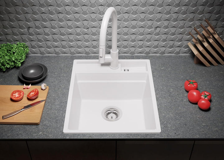 PRIMAGRAN Granitspüle Weiss 43x53cm, Granitspüle 1 Becken + Ablauf-Set, Küchenspüle ab 45er Untersch