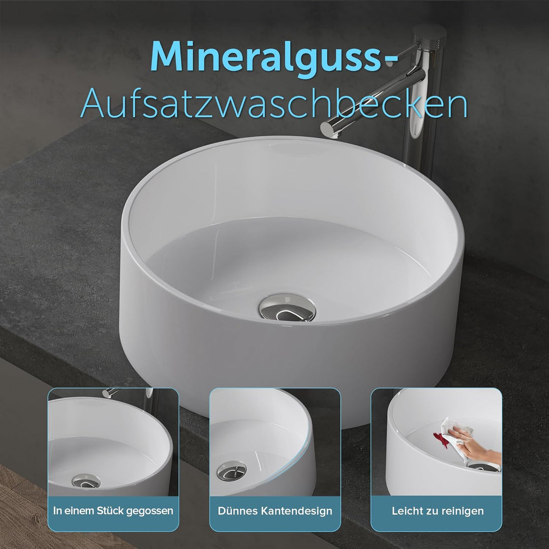 doporro Aufsatzwaschbecken rund Colossum804 Weiss glänzend Ø 40 cm Mineralguss Waschbecken ohne Arma