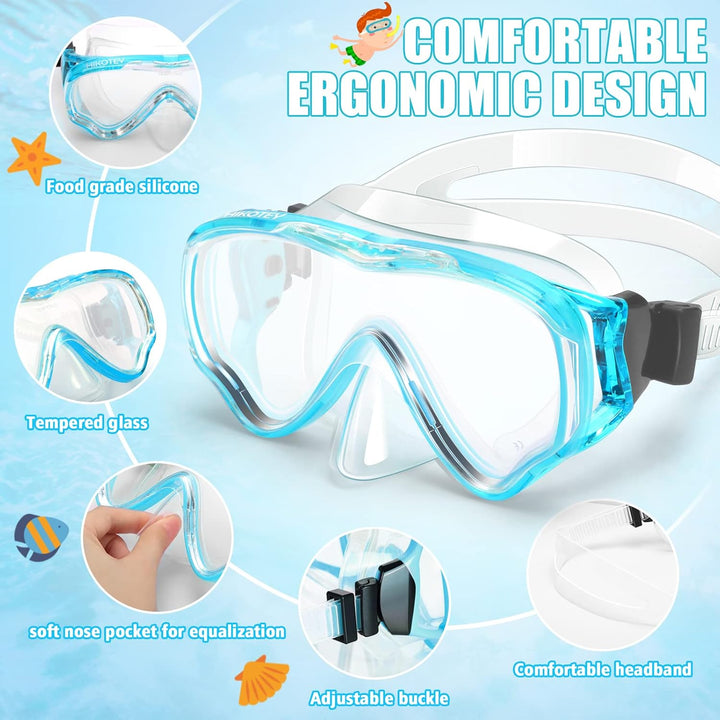 Schnorchelset Kinder, HIKOTEY Trocken Schnorchelset Kinder Anti-Fog Panorama, Anti-Leck Tauchmaske D