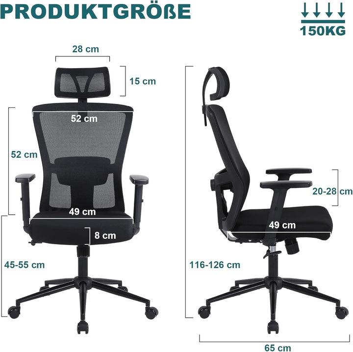 Youhauchair Bürostuhl Ergonomisch, Schreibtischstuhl mit Verstellbarer Kopfstütze und Armlehnen, Off
