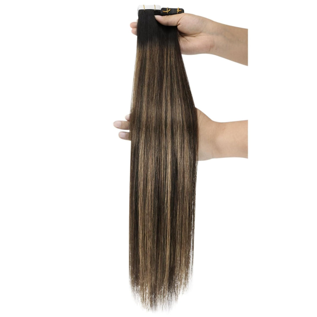 Ugeat Haarextension Tape in Echthaar 55cm Tapes in Echthaar Extension Balayage Schwarz zu Karamell B