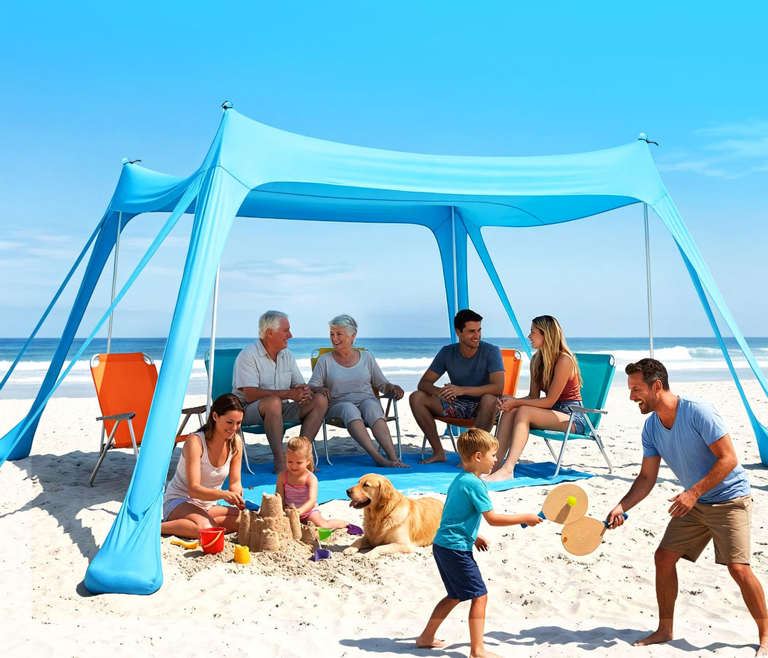 Purebox Strandzelt - Strand Sonnensegel mit UPF 50+, Einfacher Aufbau, mit 8 Sandsäcken, 10x10FT Son
