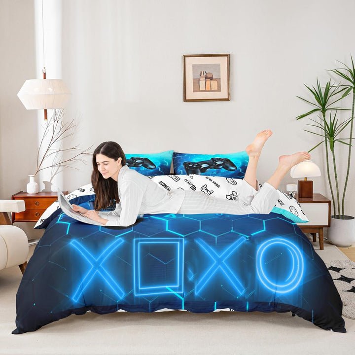 Homemissing Gaming Bettbezug für Kinder, Gamer, Blau, Videospiel, Bettwäsche, 200x200 cm, Spielekons