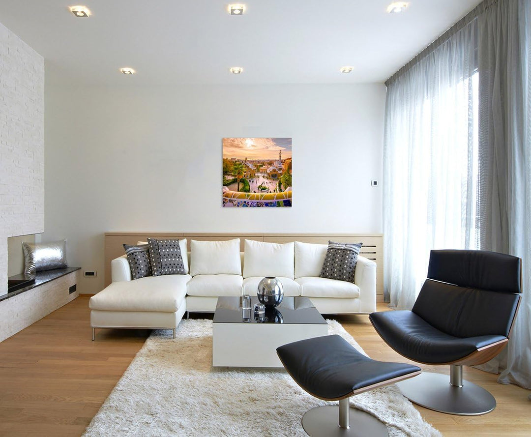 Sinus Art Wandbild 90x90cm Landschaftsfotografie – Park Guell in Barcelona, Spanien, 90x90cm