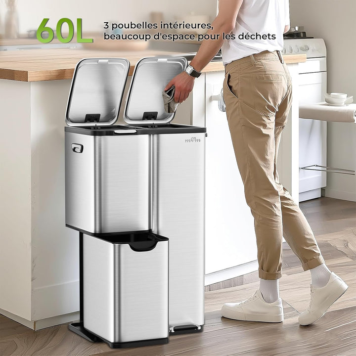 mVm Mülleimer Küche,60 Liter Treteimer,3 Fächer, Mülltrennsystem, Abfalleimer Küche mit Inneneimer a
