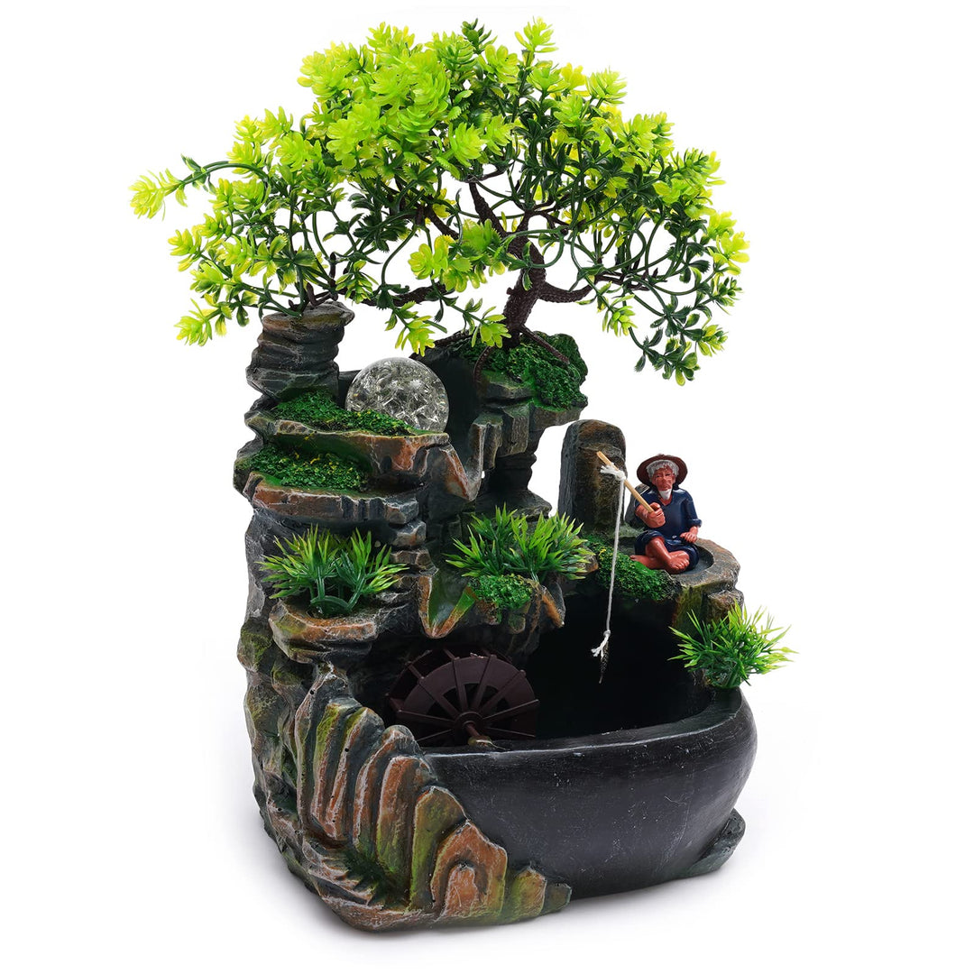 LED Zimmerbrunnen Tischbrunnen 30cm, Wasserfall Deko mit Pumpe | Harz Desktop Brunnen, 2,5W Wasserpu