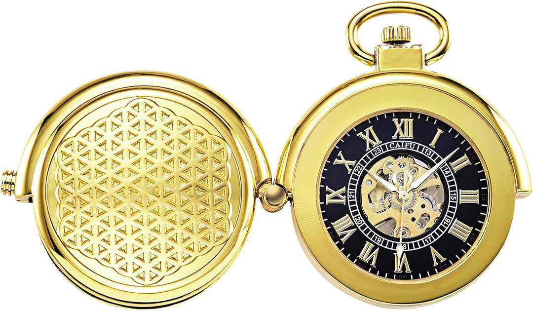 TREEWETO Unisex Taschenuhr mit Kette Analog Handaufzug Pull-Sonderform Hohl Fall Gold