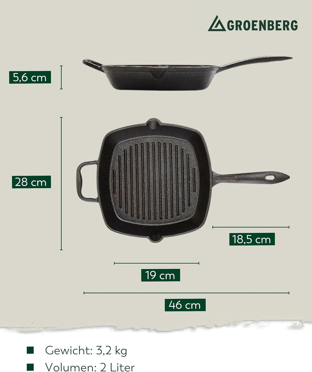 Grillpfanne Gusseisen Pfanne Nabro Bratpfanne Griff Quadratisch 28 cm