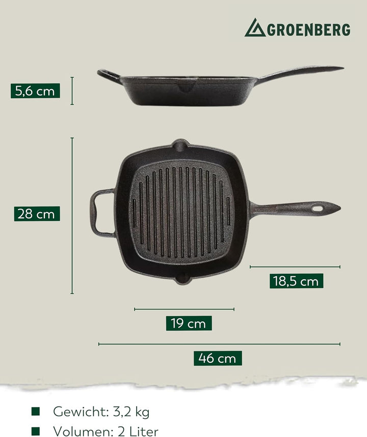 Grillpfanne Gusseisen Pfanne Nabro Bratpfanne Griff Quadratisch 28 cm