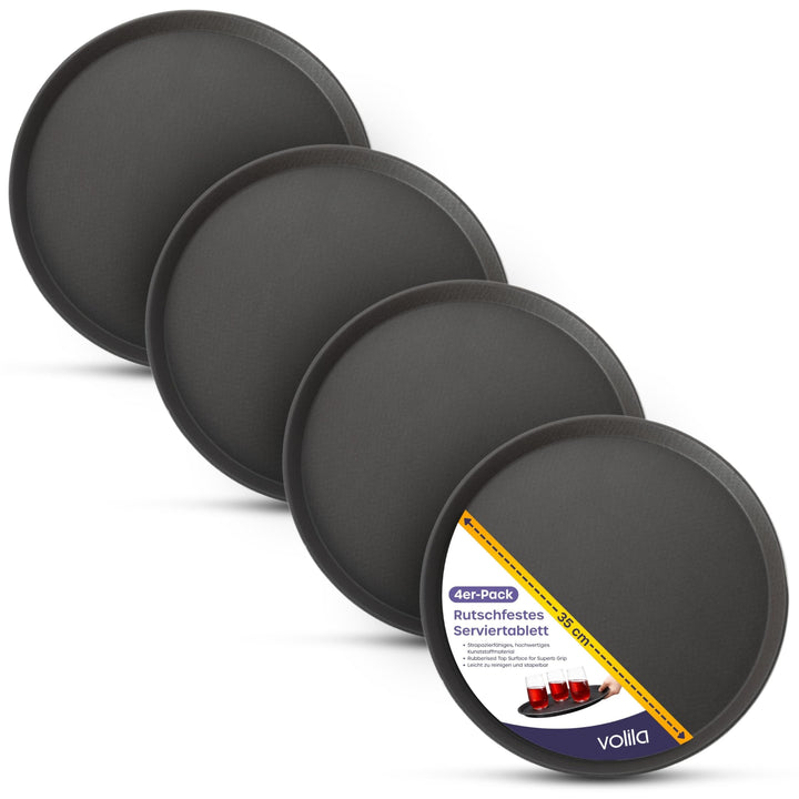 volila Rutschfestes Schwarzes Tablett Serviertablett Rund (4 STK. à 35 cm) - Rundes Tablett Ideal al