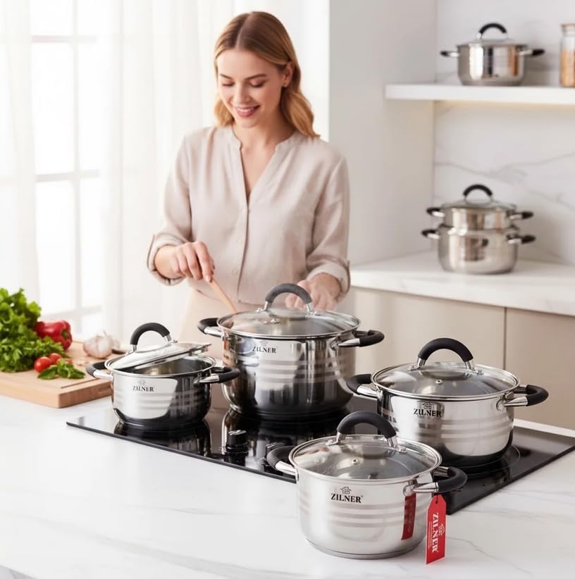 Topfset 12-teilig, Edelstahl, 6 Töpfe 2,1–6,5 L, Glasdeckel, Silber | Kochtopf Set für Induktion, Ga