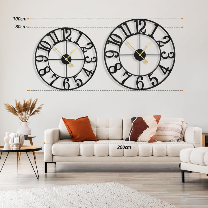 HAITANG Grosse Wanduhr Modern, schwarz Metall rund wanduhr 80 cm Durchmesser lautlos batteriebetrieb