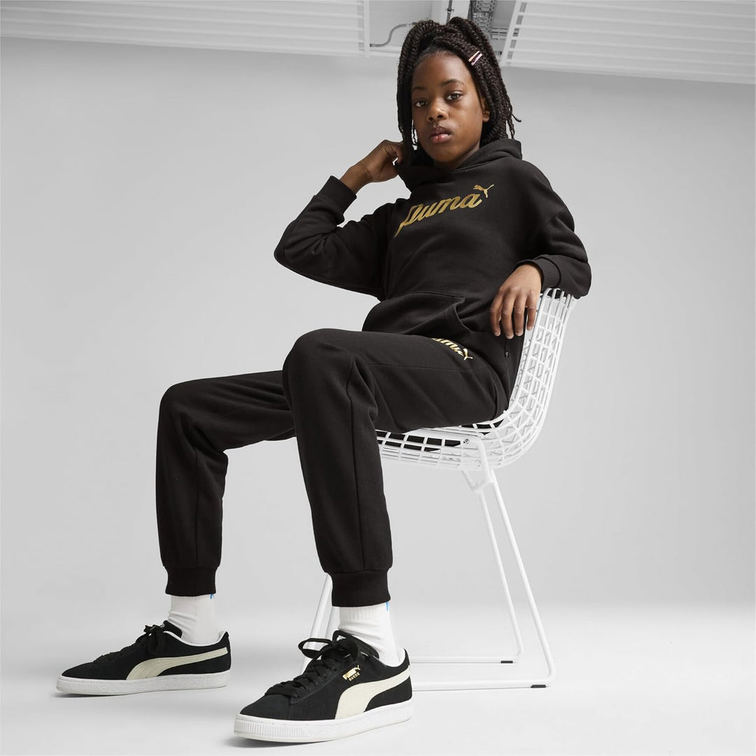 PUMA Mädchen ESS+ Script Metallic Hoodie FL G Schweiss 116 Black Gold Foil, 116 Black Gold Foil