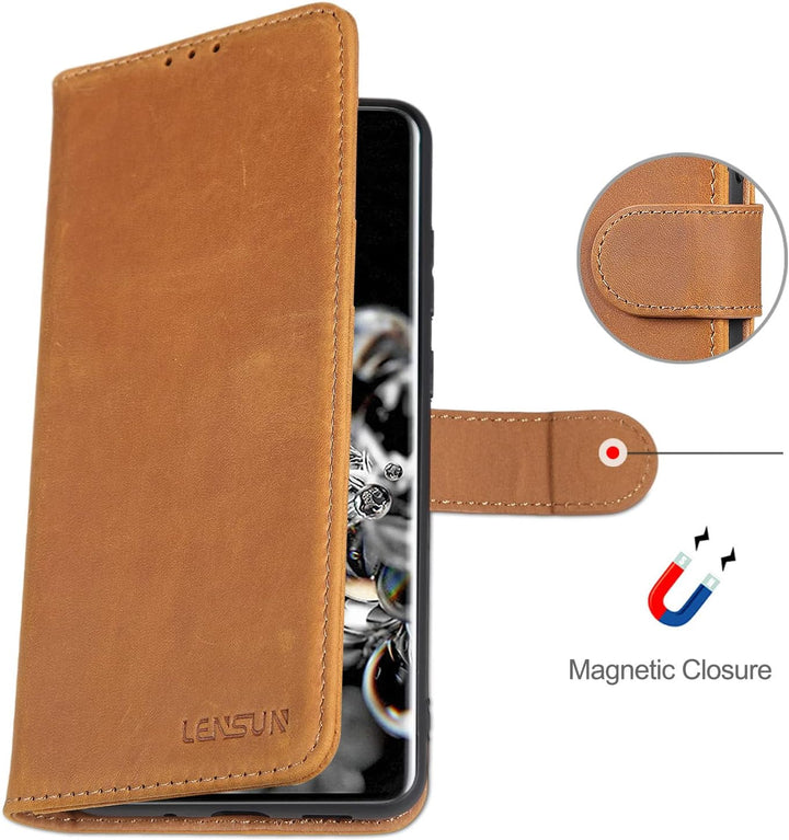 LENSUN Echtleder Hülle für Samsung Galaxy S20 Ultra, Handyhülle Leder [Magnetverschluss][RFID Schutz