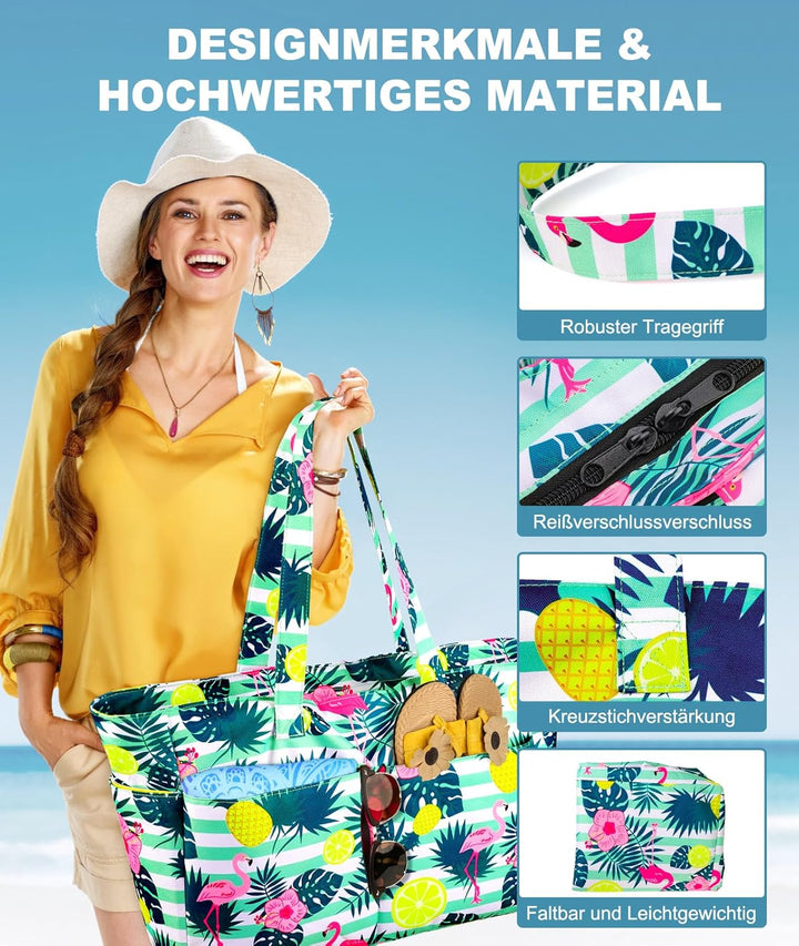 ISEYOU Strandtasche XXL Familie, Gross Strandtasche mit Reissverschluss Wasserdicht Sanddicht, Handt