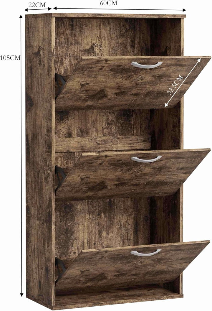 Garvis Schuhschrank 3 Klappen (Einzelreihe) – EXTREM SCHMAL (22 cm Tiefe) – 60x105 cm – MDF Rustikal