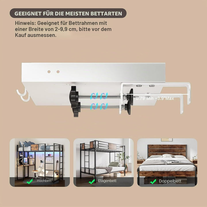 Bettablage zum Einhängen, Metall Nachttisch zum Einhängen Klemmbar Bett Ablage für Etagen & Oberes B