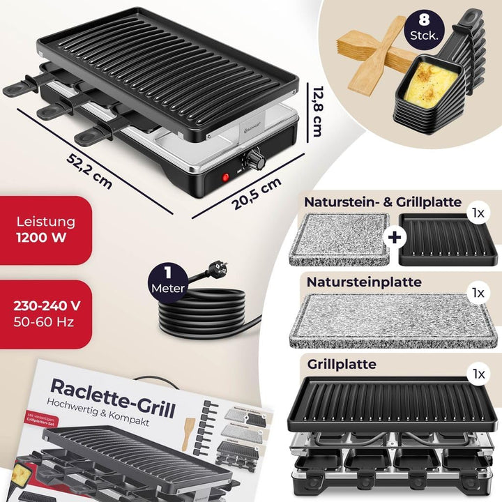 KESSER® Raclette-Grill mit Naturgrillstein, Grillplatte Tischgrill für 8 Personen, Elektrogrill Racl