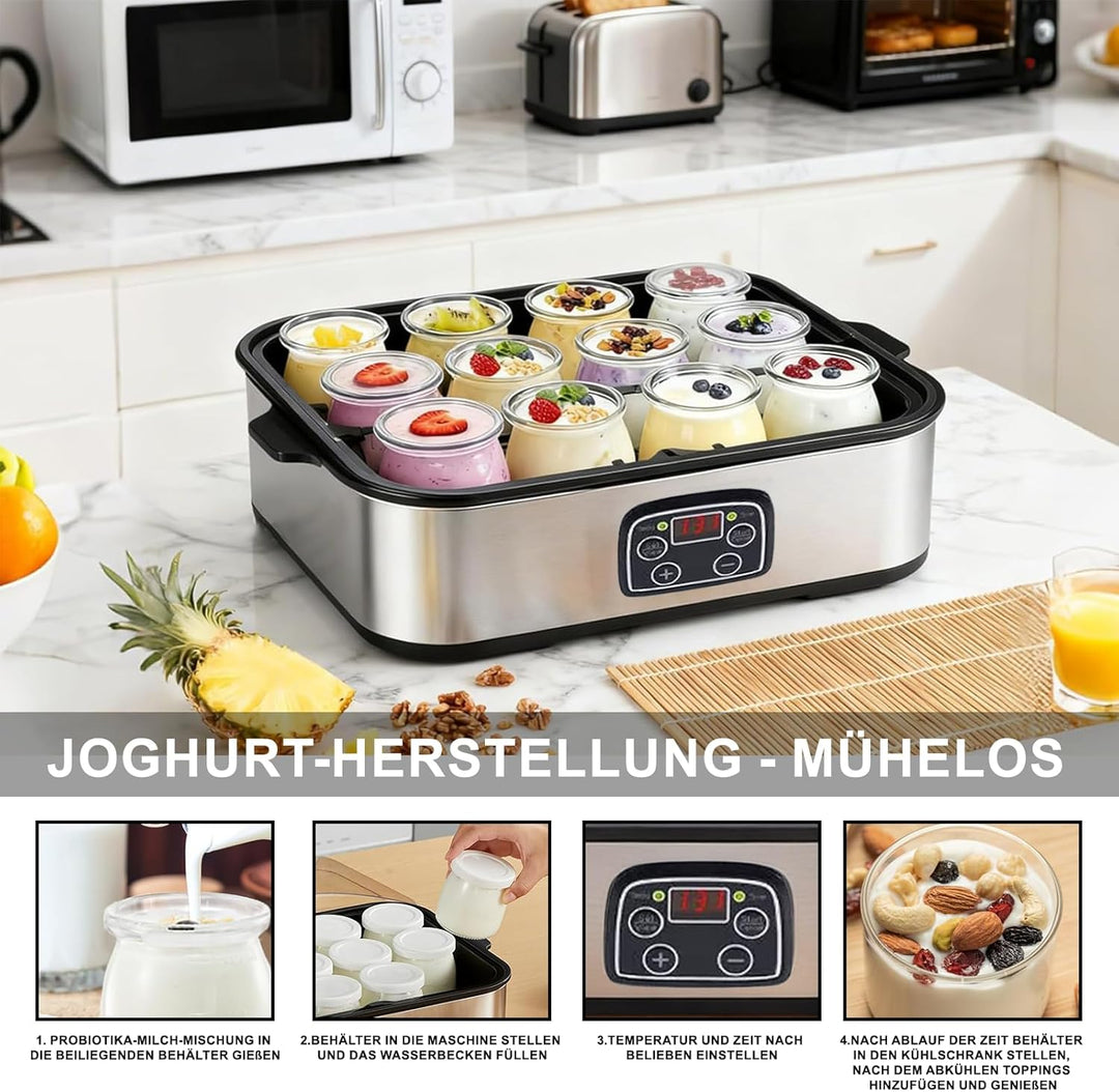 Joghurtbereiter 25W inkl 12 Glasbehälter à 180 ml Gesamtkapazität 2160 ml Digitaler Yogurt Maker mit