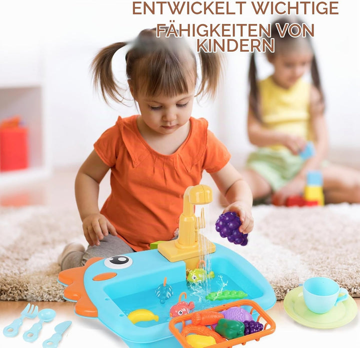 Küchenspüle Spielzeug Set mit Angelspiel, Kinderspüle mit Fliessendem Wasser, Spülbecken Kinderküche