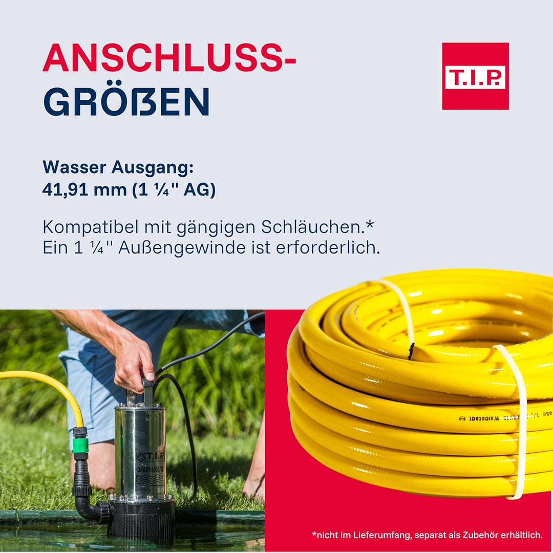 T.I.P. 30136 Tauchdruckpumpe Drain 6000/36 (950 W, max. 6.000 l/h, 34m Förderhöhe, Fremdkörper bis 2