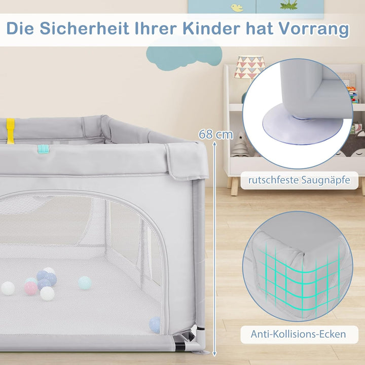 DREAMADE Laufstall Baby, 189 x 158 cm Laufgitter mit 4 Zugringen & 50 Ocean Bällen & Tragetasche, Gr