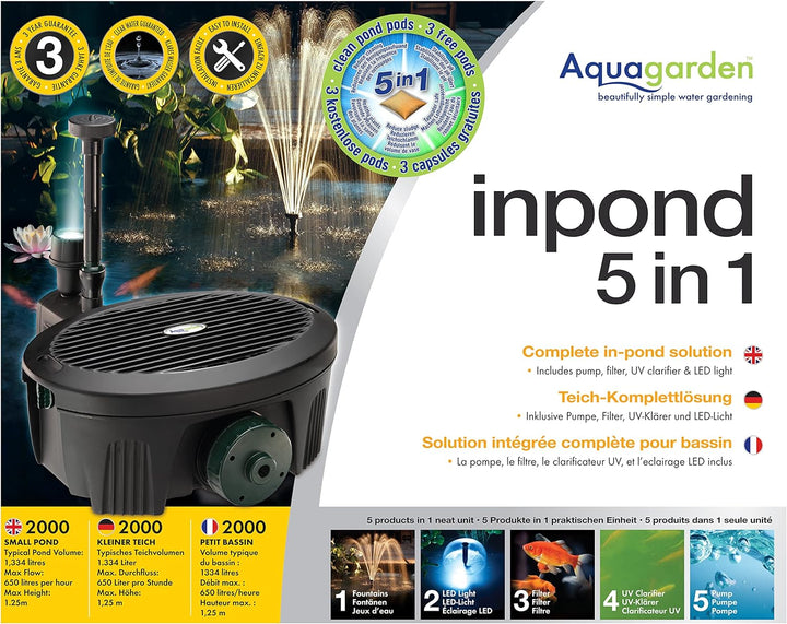 Aqua Garden Inpond 2000, Teich- und Wasserpumpe, Filter, UV-Klärer, LED-Strahler und Springbrunnen,