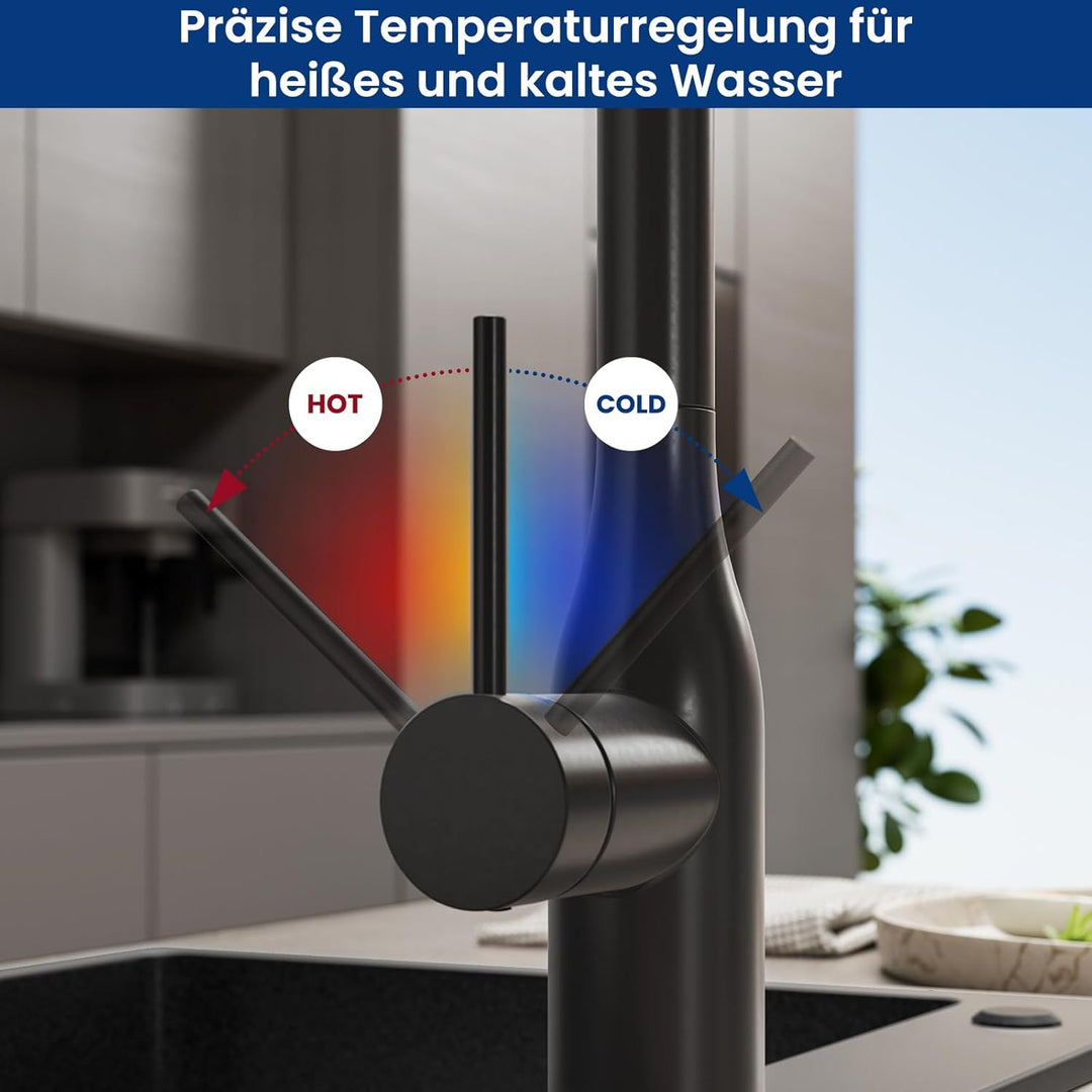 CECIPA Wasserhahn Küche Ausziehbar, Hochdruck Küchenarmatur Schwarz, 360° Schwenk Armatur Küche mit