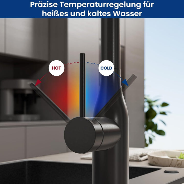 CECIPA Wasserhahn Küche Ausziehbar, Hochdruck Küchenarmatur Schwarz, 360° Schwenk Armatur Küche mit