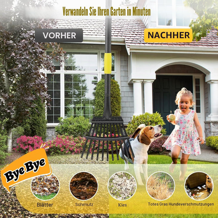 Garten Laubrechen, 180cm Stabile Kleine Strauchrechen 11 Metallzinken 21cm Breit, Verstellbarer Stah