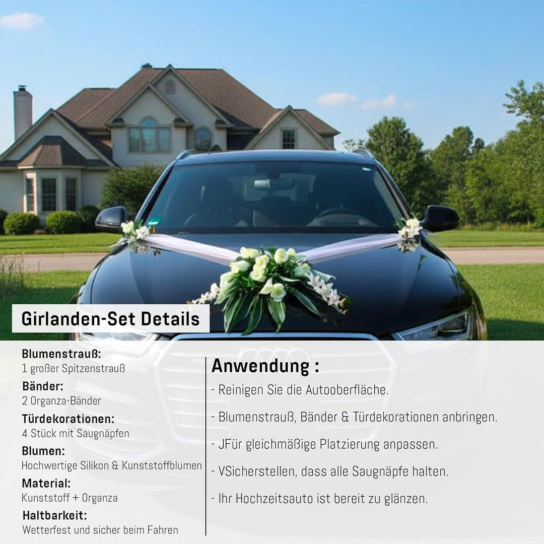 Spitze STRAUss Auto Schmuck Braut Paar Rose Deko Dekoration Hochzeit Car Auto Wedding Deko PKW (Weis