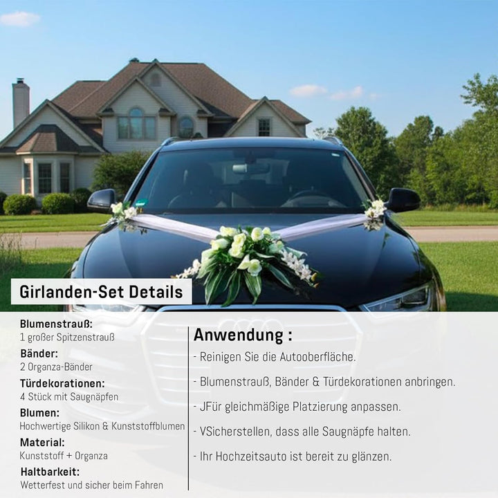 Spitze STRAUss Auto Schmuck Braut Paar Rose Deko Dekoration Hochzeit Car Auto Wedding Deko PKW (Weis