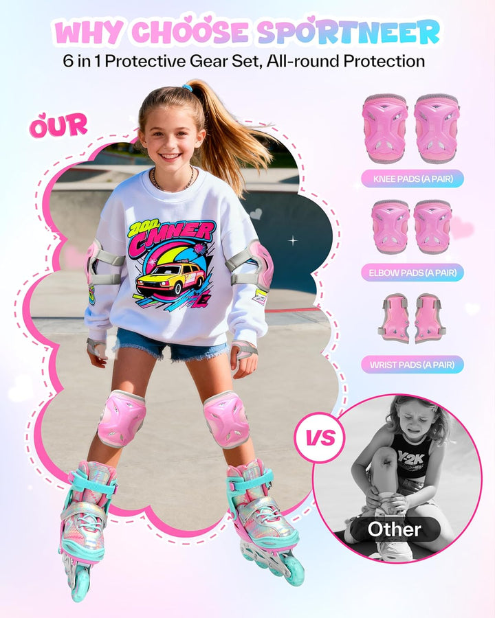 Inliner für Kinder 34-41 Verstellbar, Sportneer Inline Skates Mit 6er Protektoren Setfür Kinder Mädc