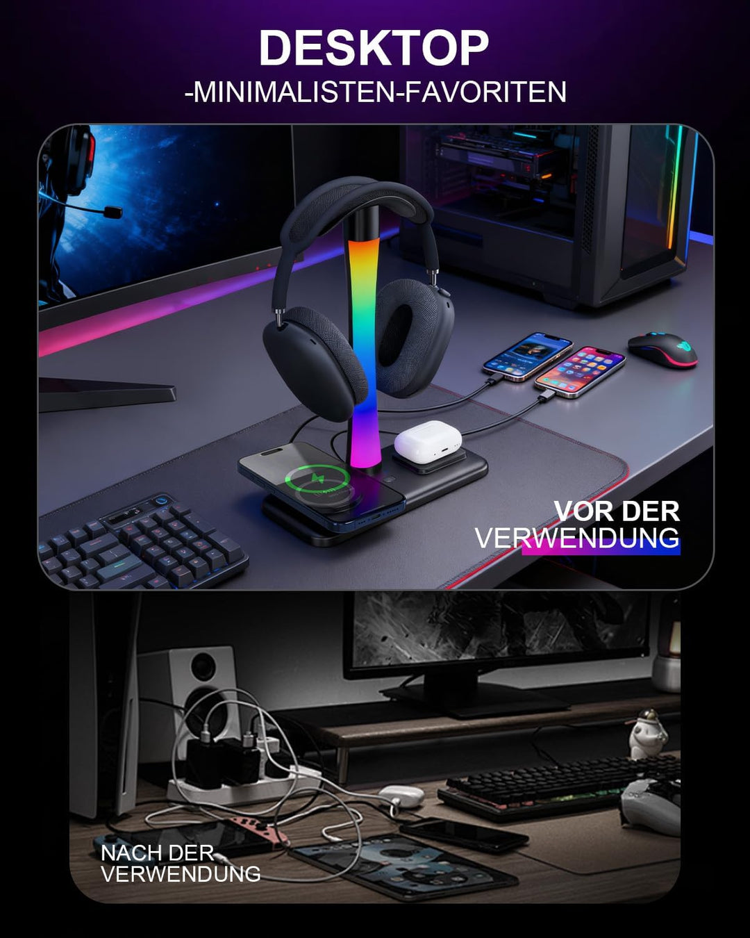 3 in 1 RGB Gaming Kopfhörerständer mit 15W kabellosem Ladegerät Wireless Charging, Headset Halterung