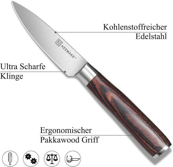 KEEMAKE Schälmesser Gemüsemesser 9 cm Klingenlänge Profi Küchenmesser Messer Obstmesser aus deutsche