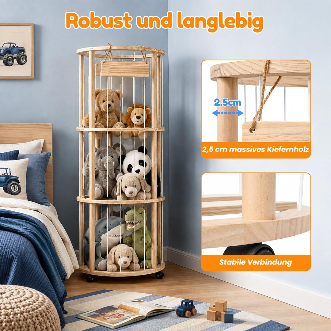 Runde Kuscheltier Aufbewahrung mit Rollen &amp; Bremse – Holz Stofftier Regal mit Zoo Design, 135×45×45