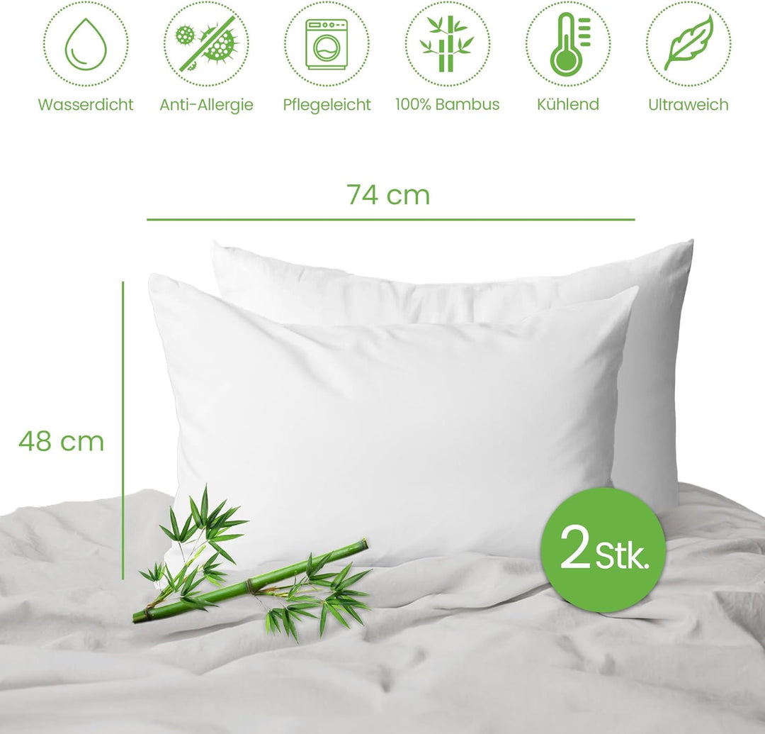 wasserdichte Kissenbezüge 48x74cm mit Reissverschluss, antiallergen, 100 % Bambus, 2er-Pack, Standar