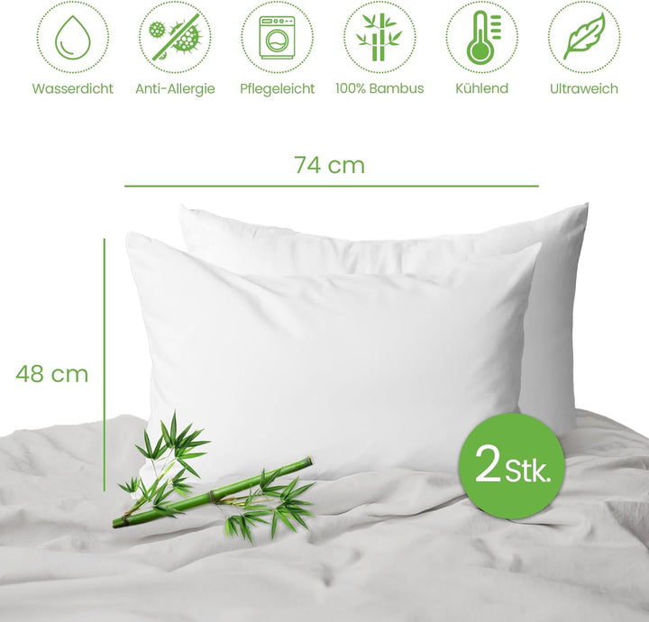 wasserdichte Kissenbezüge 48x74cm mit Reissverschluss, antiallergen, 100 % Bambus, 2er-Pack, Standar
