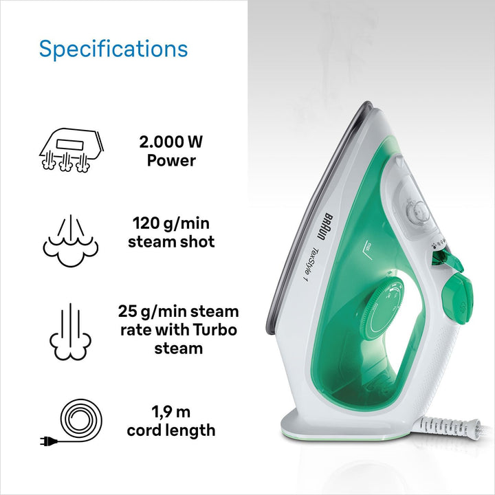 Braun TexStyle 1 Dampfbügeleisen SI 1040GR - Bügeleisen mit SuperCeramic Bügelsohle, Vertikaldampf,