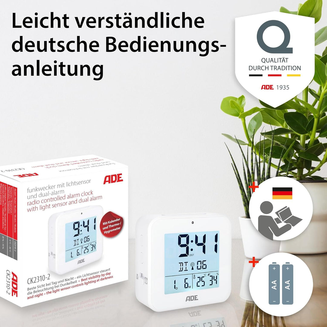ADE Funkwecker digital mit Batterie | 2 Weckzeiten | Temperaturanzeige | Luftfeuchtigkeit | Reisewec