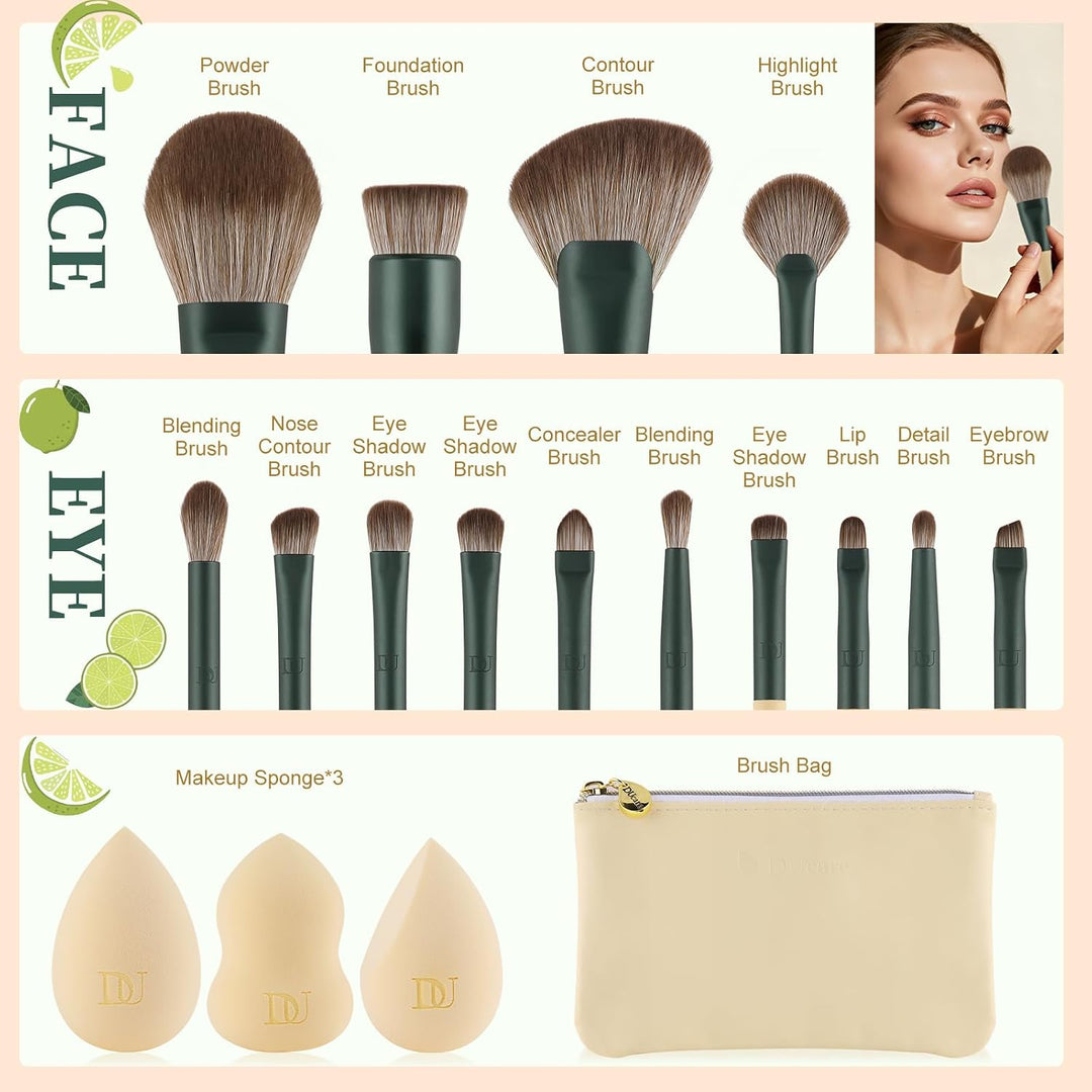 DUcare Make up Pinsel Set 14 Stücke mit 3 Make up Schwämmen und Kosmetiktasche – Limetten-Serie Prem